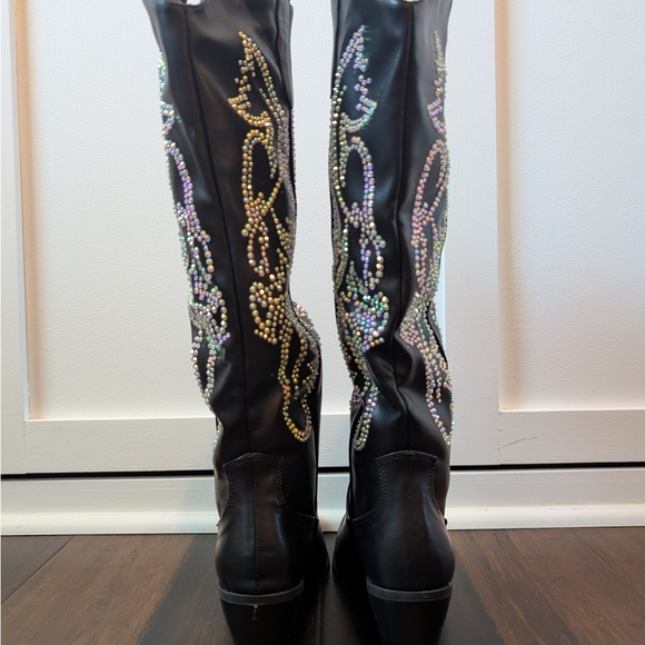 Black Knee-High Boots with Multicolor Rhinestones - Picture 1 of 3